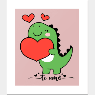 Cute Dinosaur with heart valentine day Posters and Art